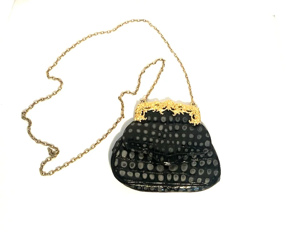 GLEN MILLER FOR ANN TURK EVENING HANDBAG BLACK EMBOSSED LEATHER, EC